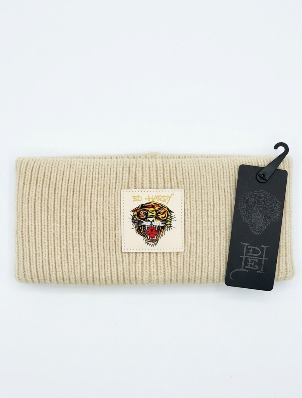 Ed Hardy Tiger Ear Warmer Headband Cream Knit Y2K Tattoo Art NWT